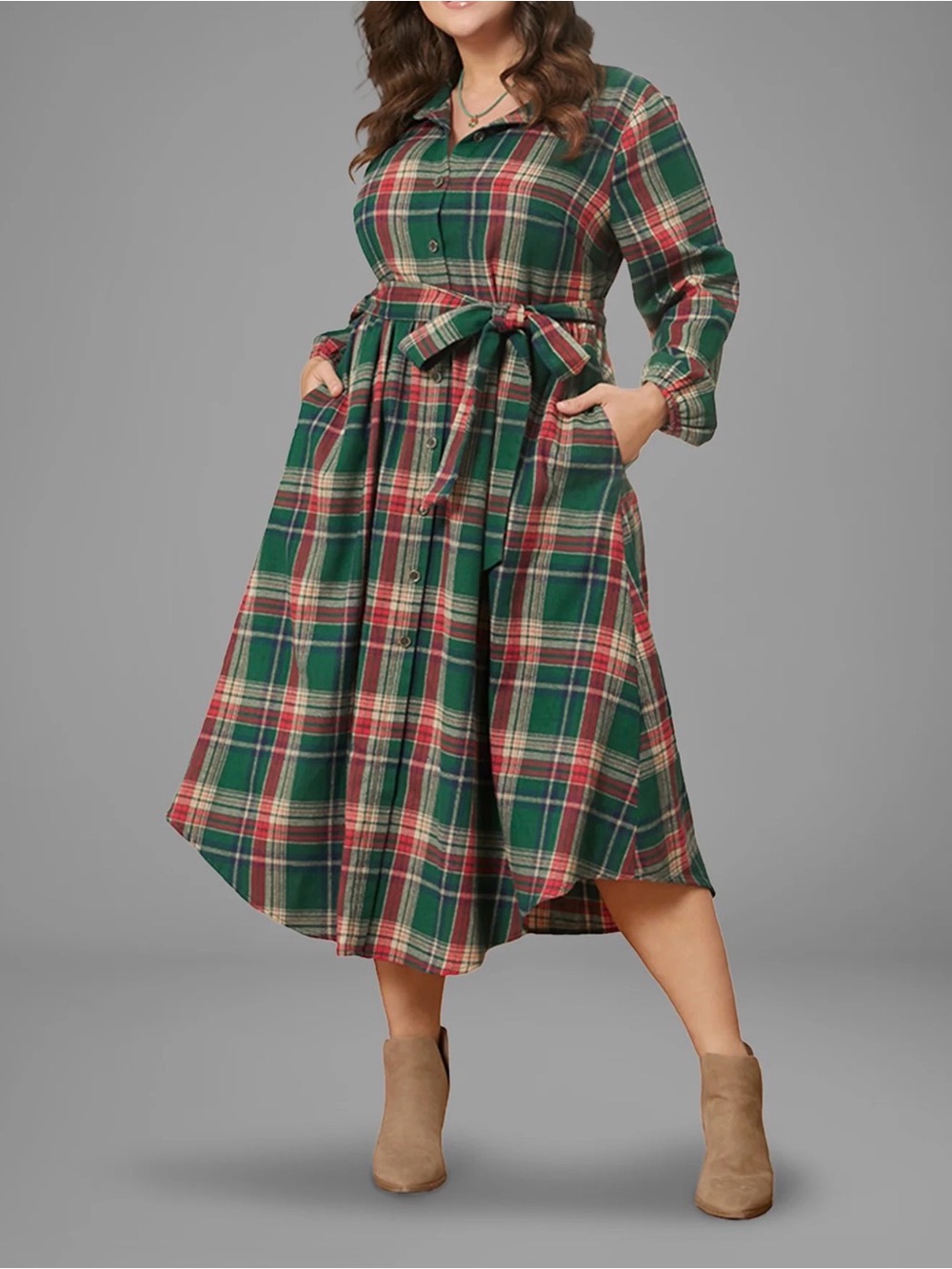 NWT BloomChic Plaid Button Detail Pocket Belted Arc Hem Dress Womens 22-24
